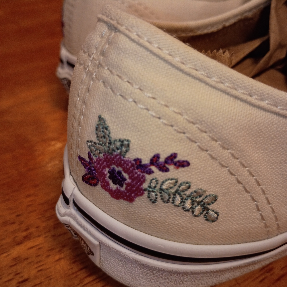 Vans Cream Canvas Low-Top Sneakers with Purple & Green Floral Embroidery - Picture 6 of 9